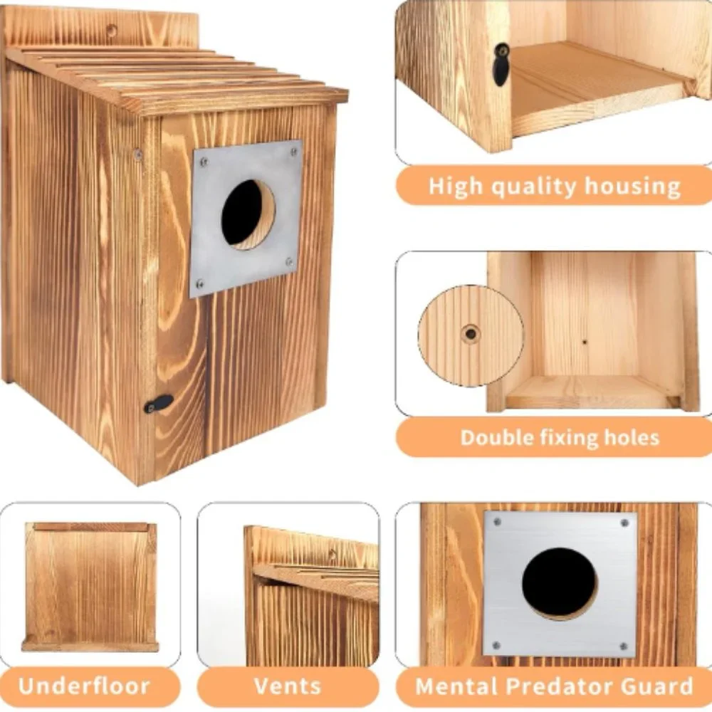 Pine Wood Birdhouse w/ Metal Predator Guard & Cleaning Door